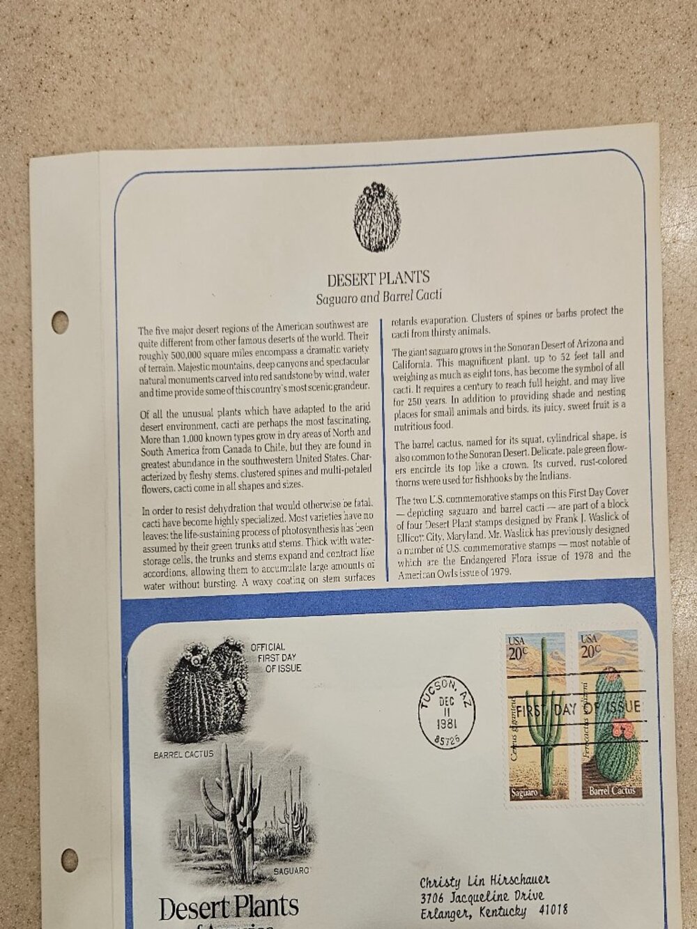RARE COLLECTIBLE USPS 1ST DAY ISSUE COVER DESERT PLANTS SAGUARO CACTUS STAMP FDC